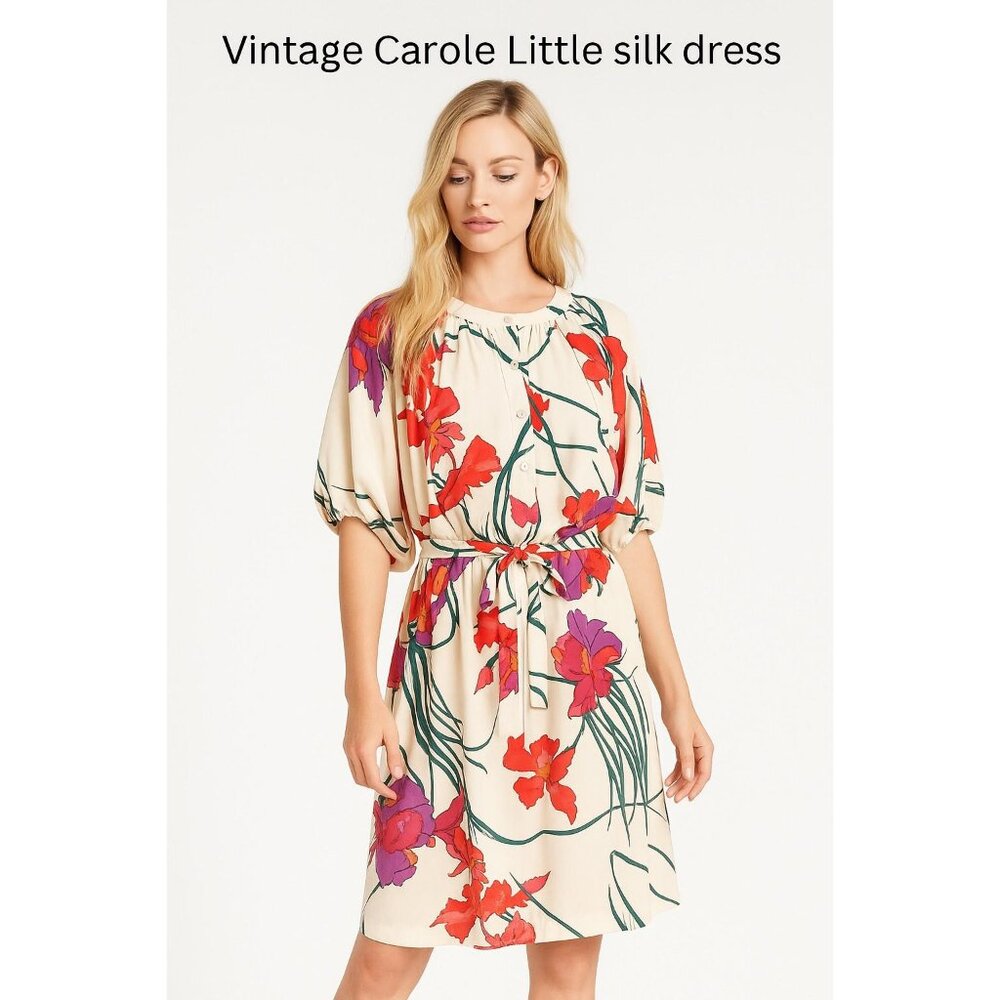 Carole Little Vintage Silk Dress Sz 12 Tropical Floral, Belted, Dolman Sleeves